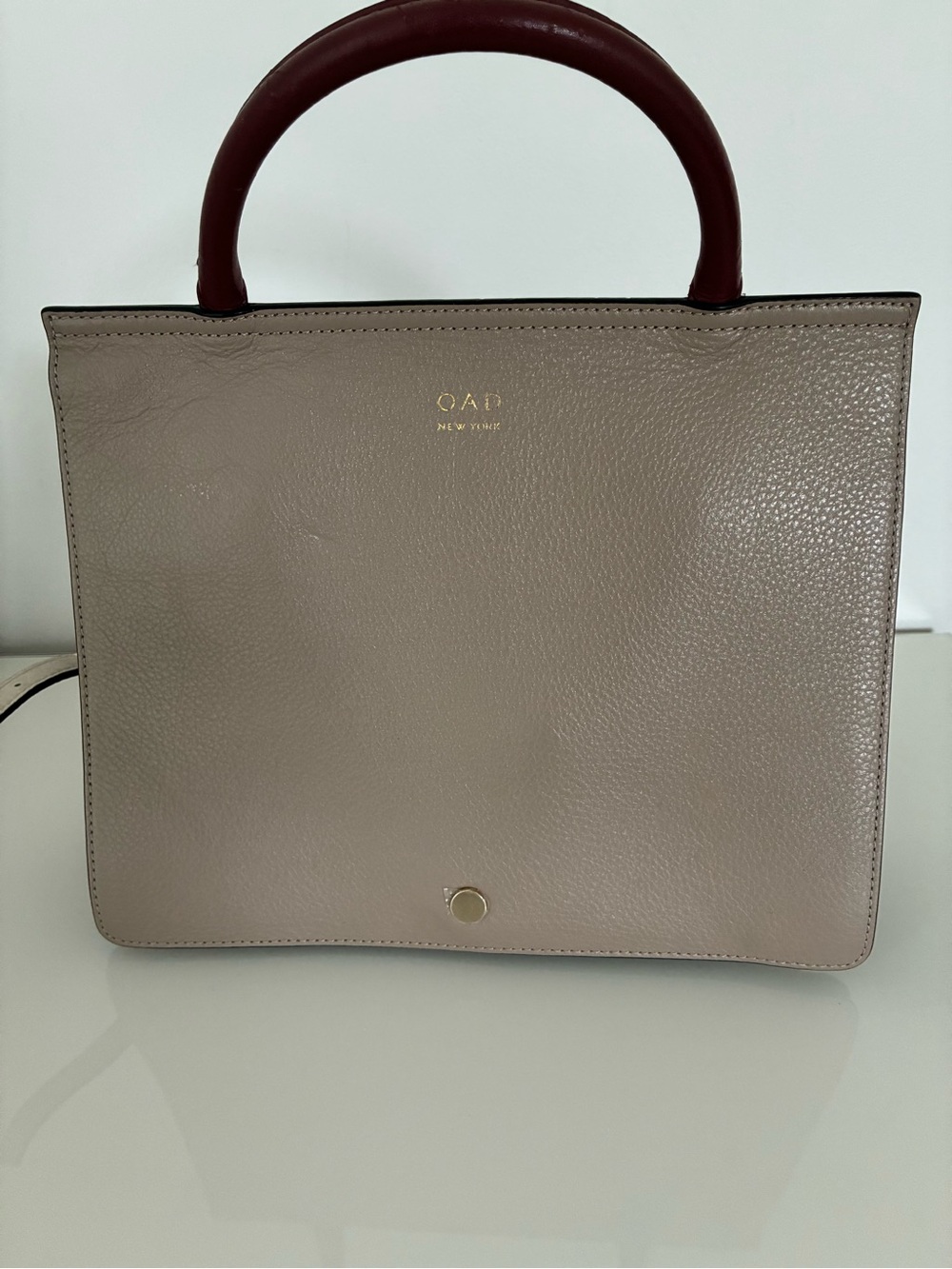 OAD New York Taupe Satchel with Burgundy Top Handle